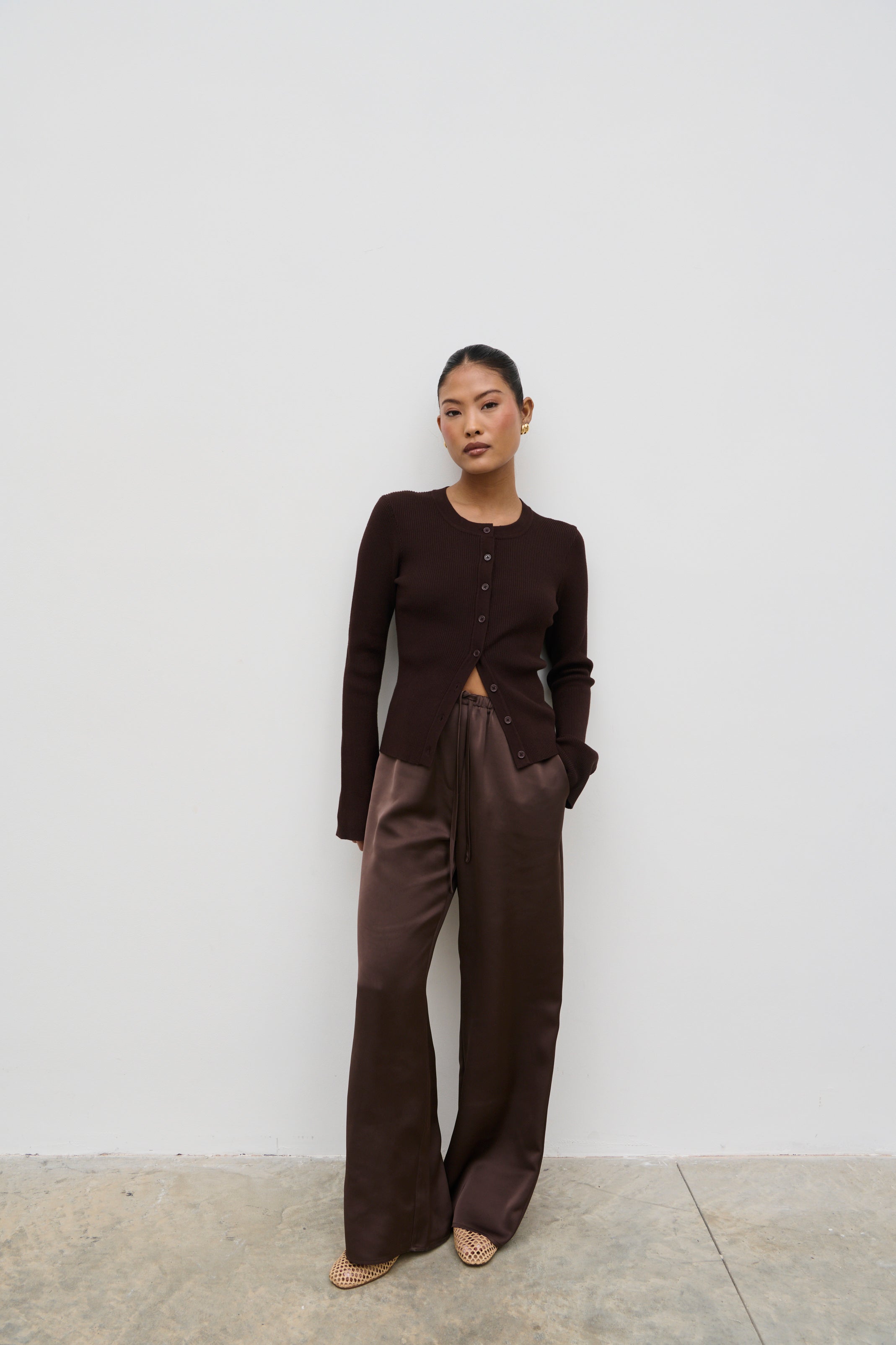 Breya Satin Drawstring Trousers (Chocolate Brown)