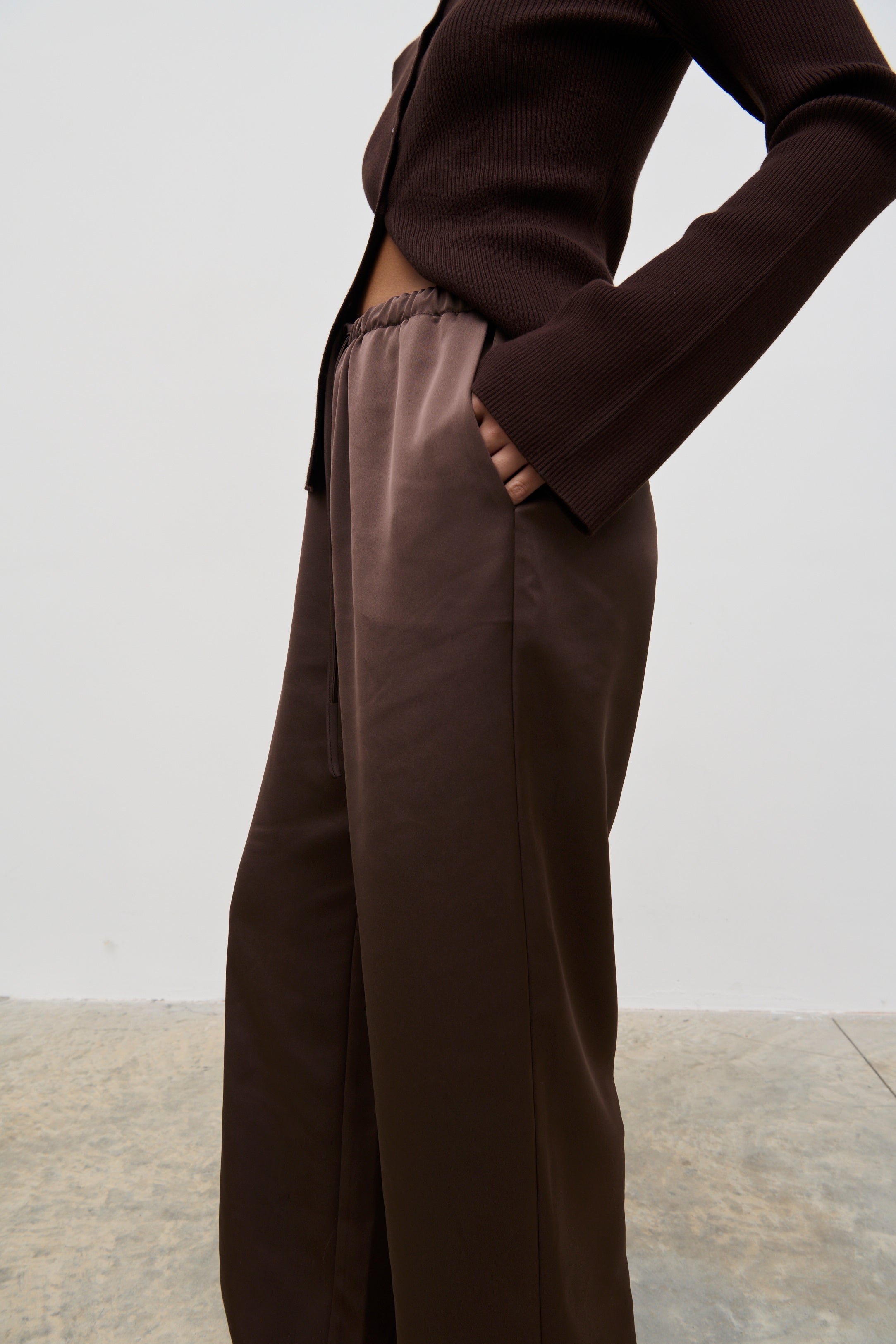 Breya Satin Drawstring Trousers (Chocolate Brown)