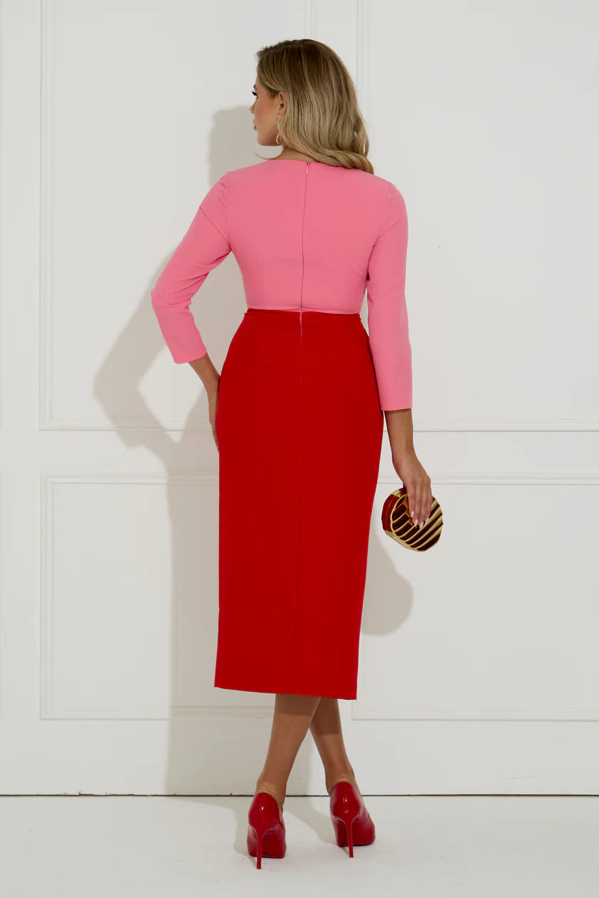 Carmen Frill Midi Dress (Red/Pink)