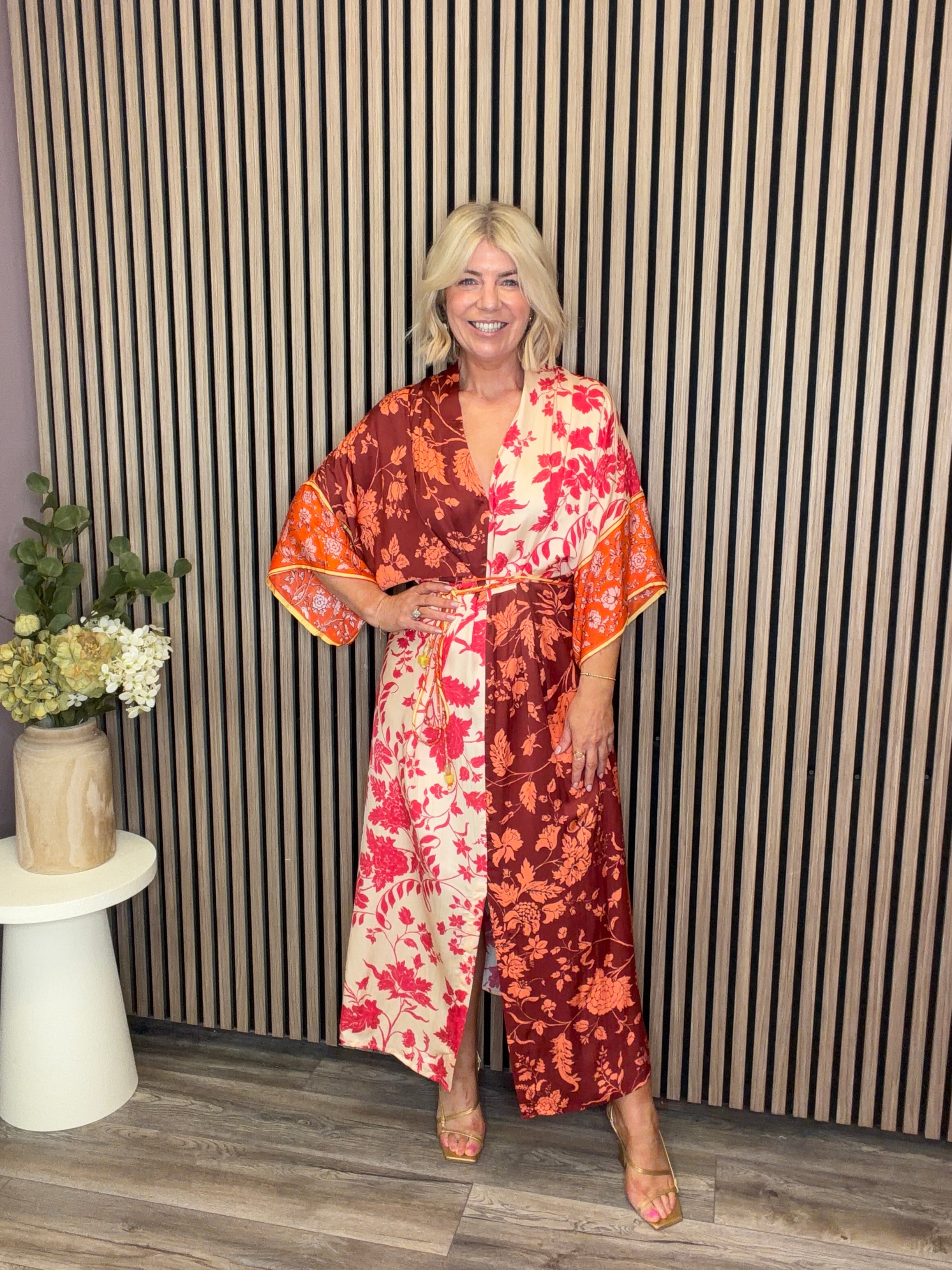 The Salma Kimono Midi Dress (Orange/Burgundy)