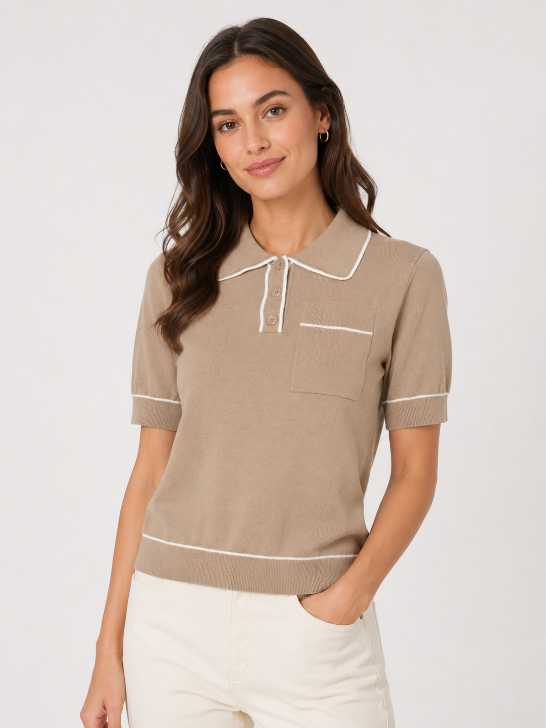 Corina Knitted Polo Top (Greige)
