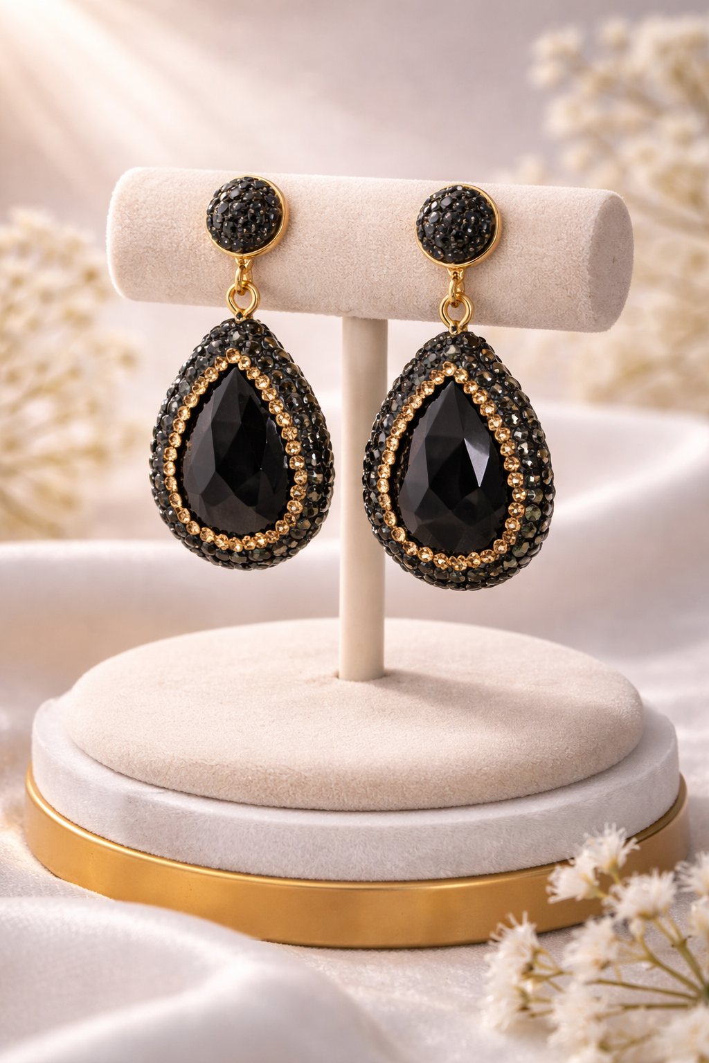 Black Onyx Crystal Drop Earrings (Gold)