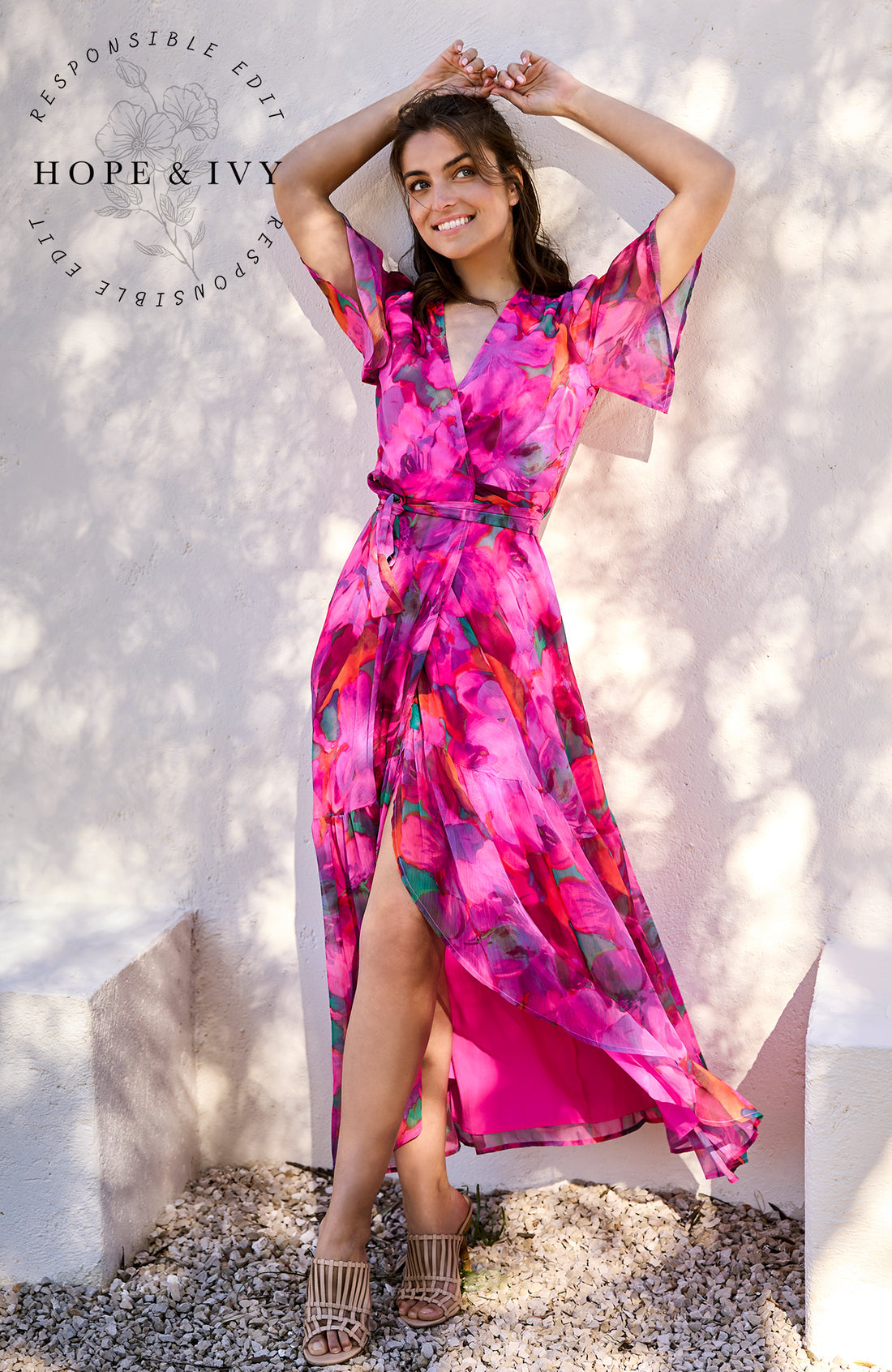 The Corinne Flutter Sleeve Maxi Wrap Dress (Bright Pink)