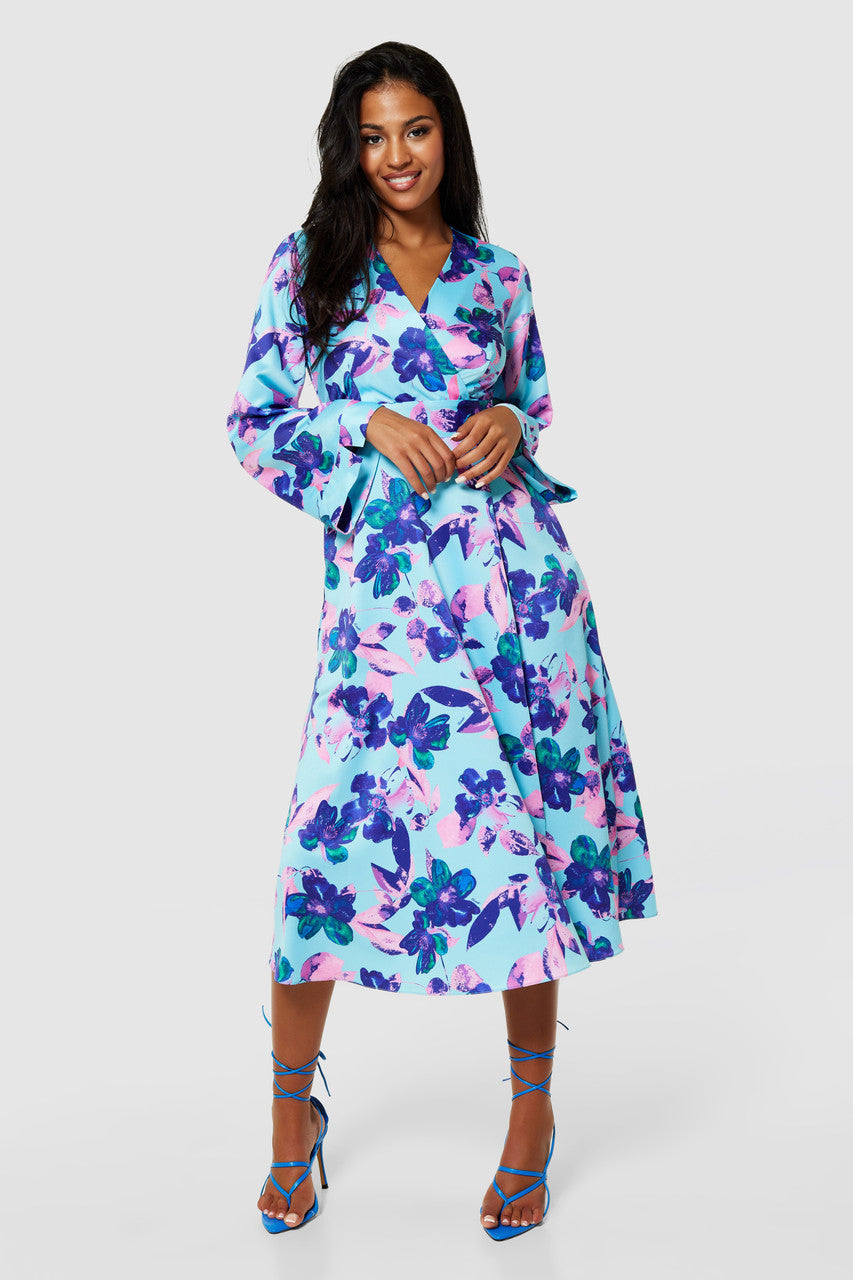 Wilma Faux Wrap Dress (Aqua Floral)