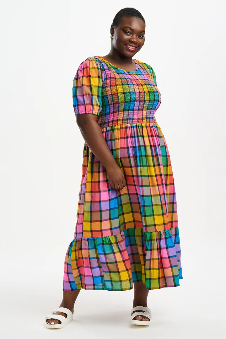 Yolanda Midi Shirred Dress (Multi Summer Rainbow Check)