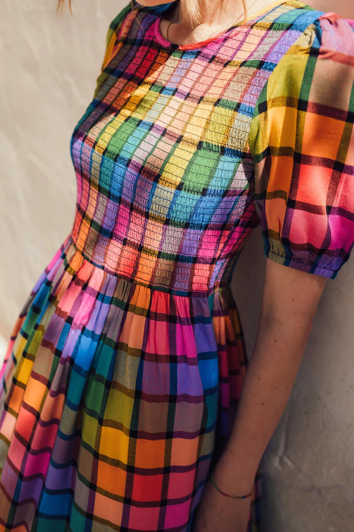 Yolanda Midi Shirred Dress (Multi Summer Rainbow Check)