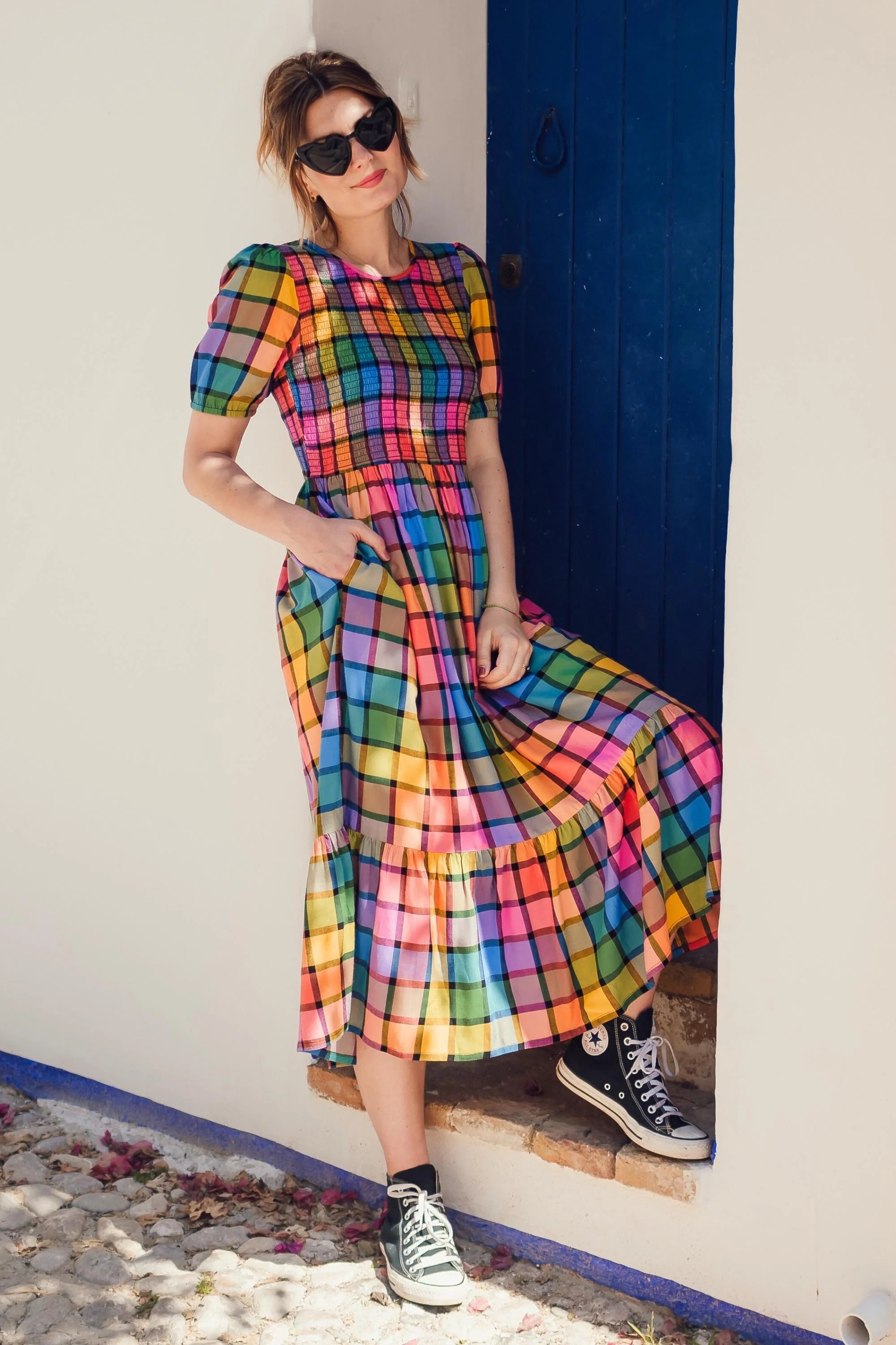 Yolanda Midi Shirred Dress (Multi Summer Rainbow Check)