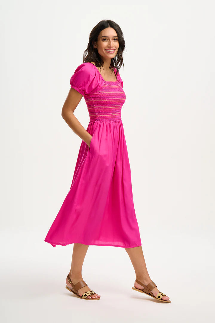 Octavia Midi Shirred Dress (Dark Pink Rainbow Shirring)