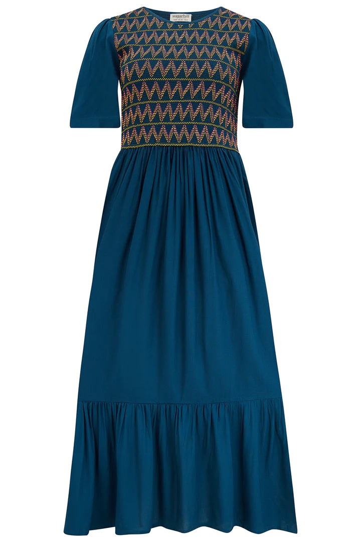 Brielle Midi Shirred Dress (Washed Navy Zigzag Shirring)