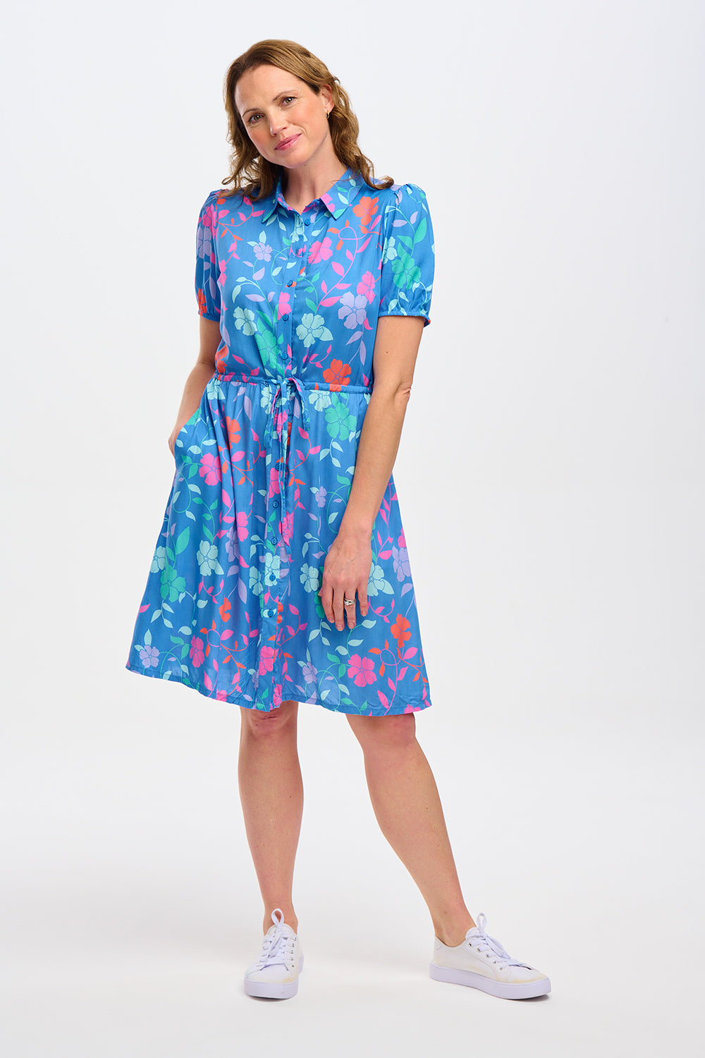 Salma Shirt Dress (Blue Rainbow Floral Vine)