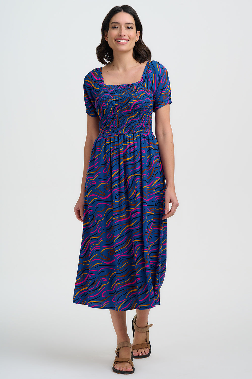 Jolene Shirred Midi Dress (Blue)