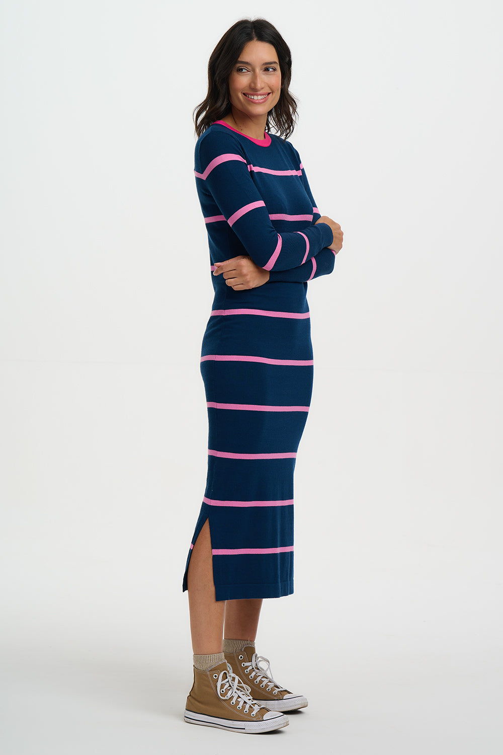 Liselle Midi Knit Dress (Teal/Pink Stripes)