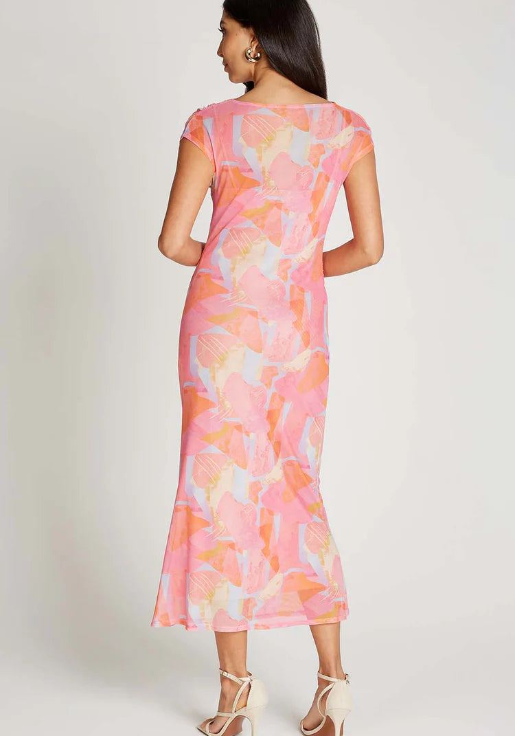 Paulette Print Mesh Midi Dress (Pink)
