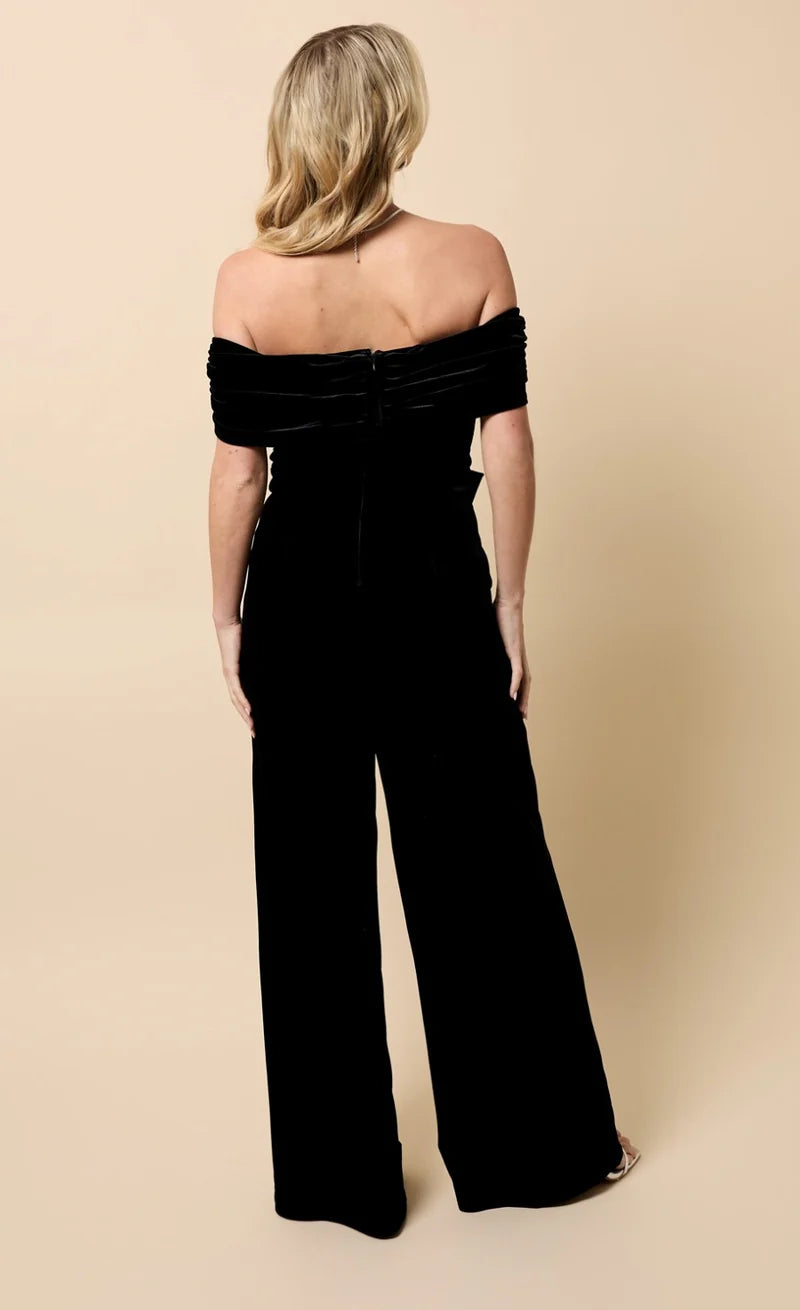Selene Bow Detail Bardot Jumpsuit (Black Velvet)
