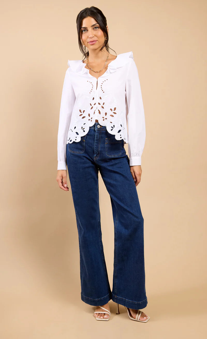 Clea Broderie Frill Top (White)
