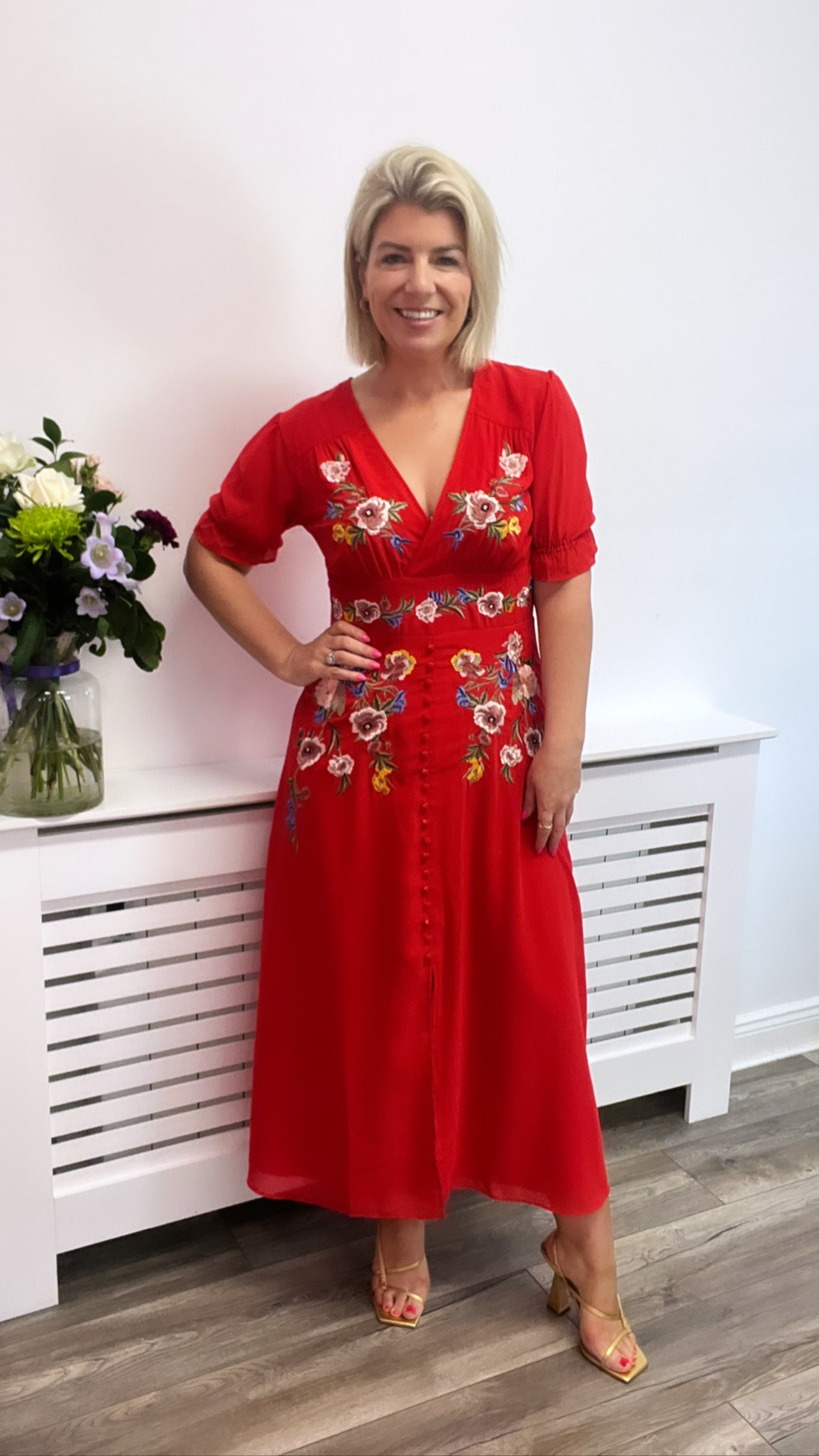 THE KAREN EMBROIDERED FLUTTER SLEEVE FRONT BUTTON MIDI DRESS (RED)