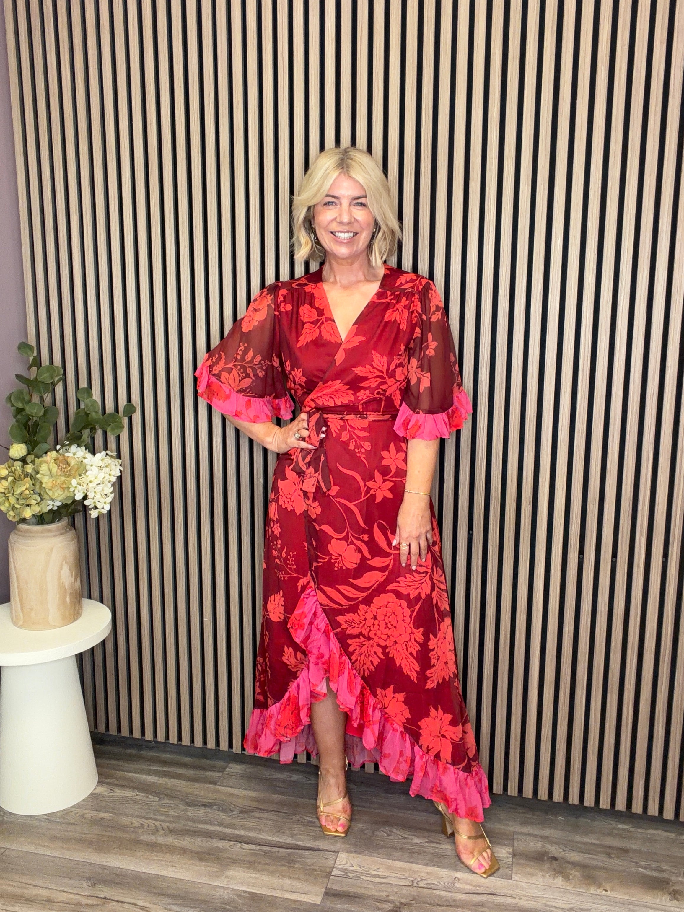 The Celestine Maxi Wrap Dress (Burnt Orange/Pink)