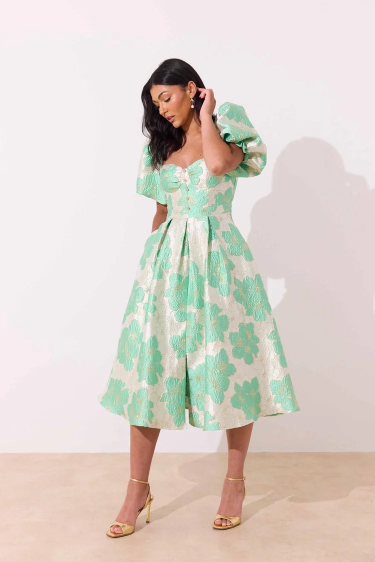 Audrey Puff Sleeve Midi Dress (Metallic Mint)