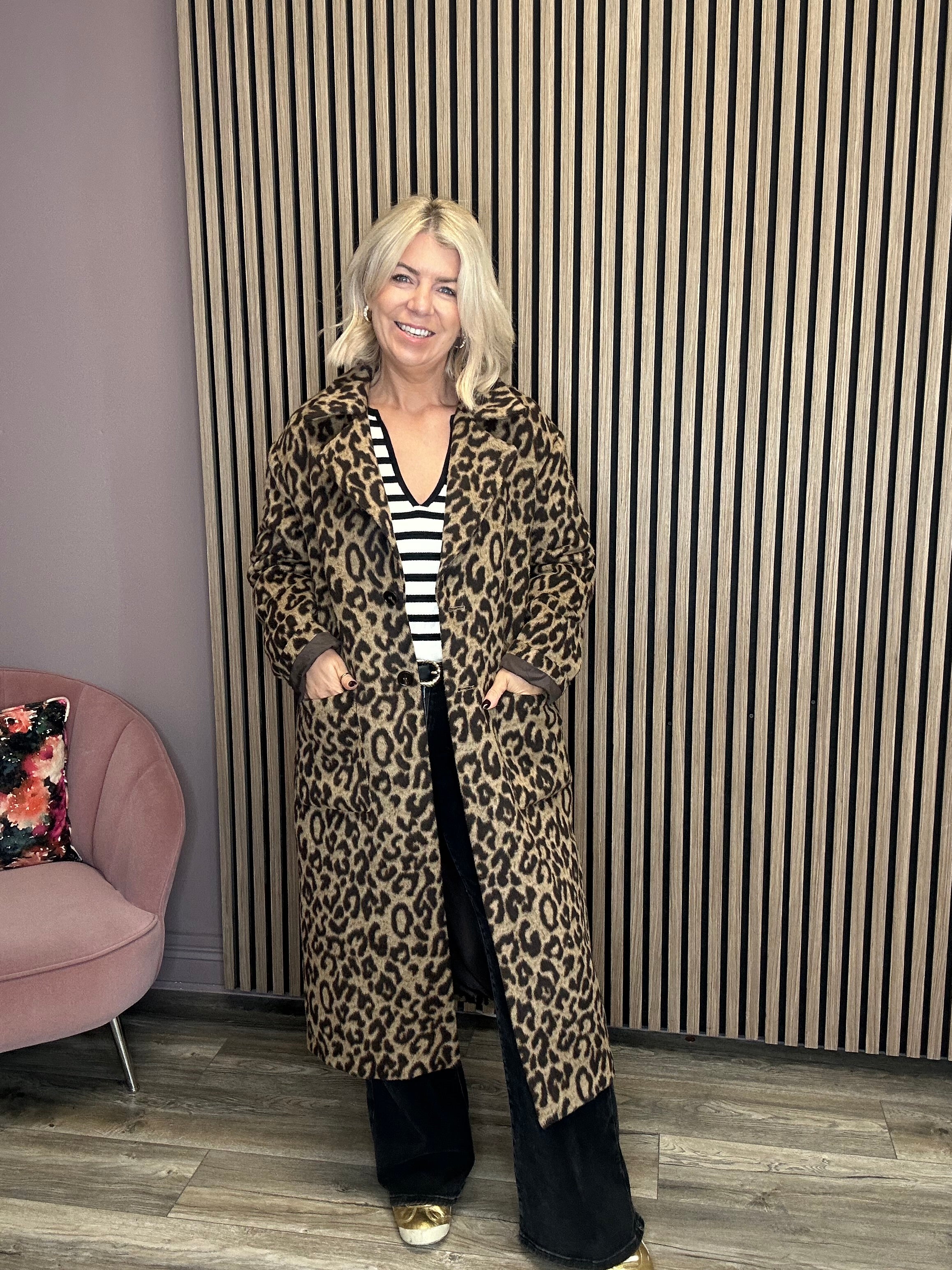Jenna Long Printed Coat (Black/Leopard)