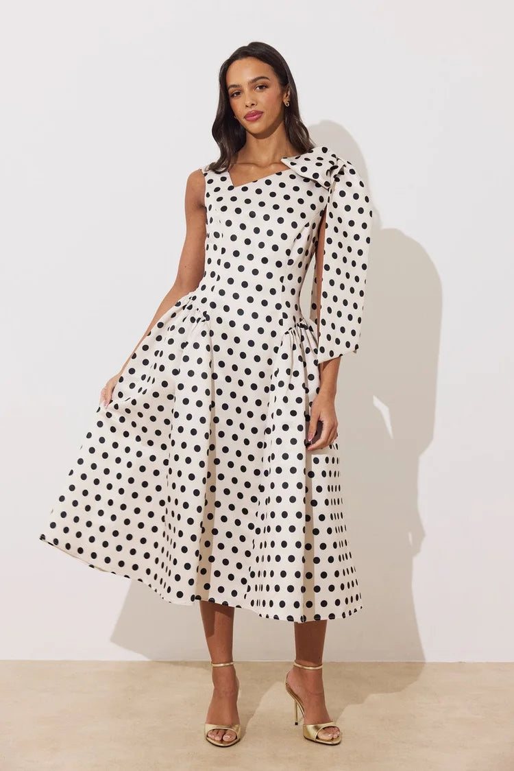 Beatrice Bow Dress (Champagne/Polka Dot)