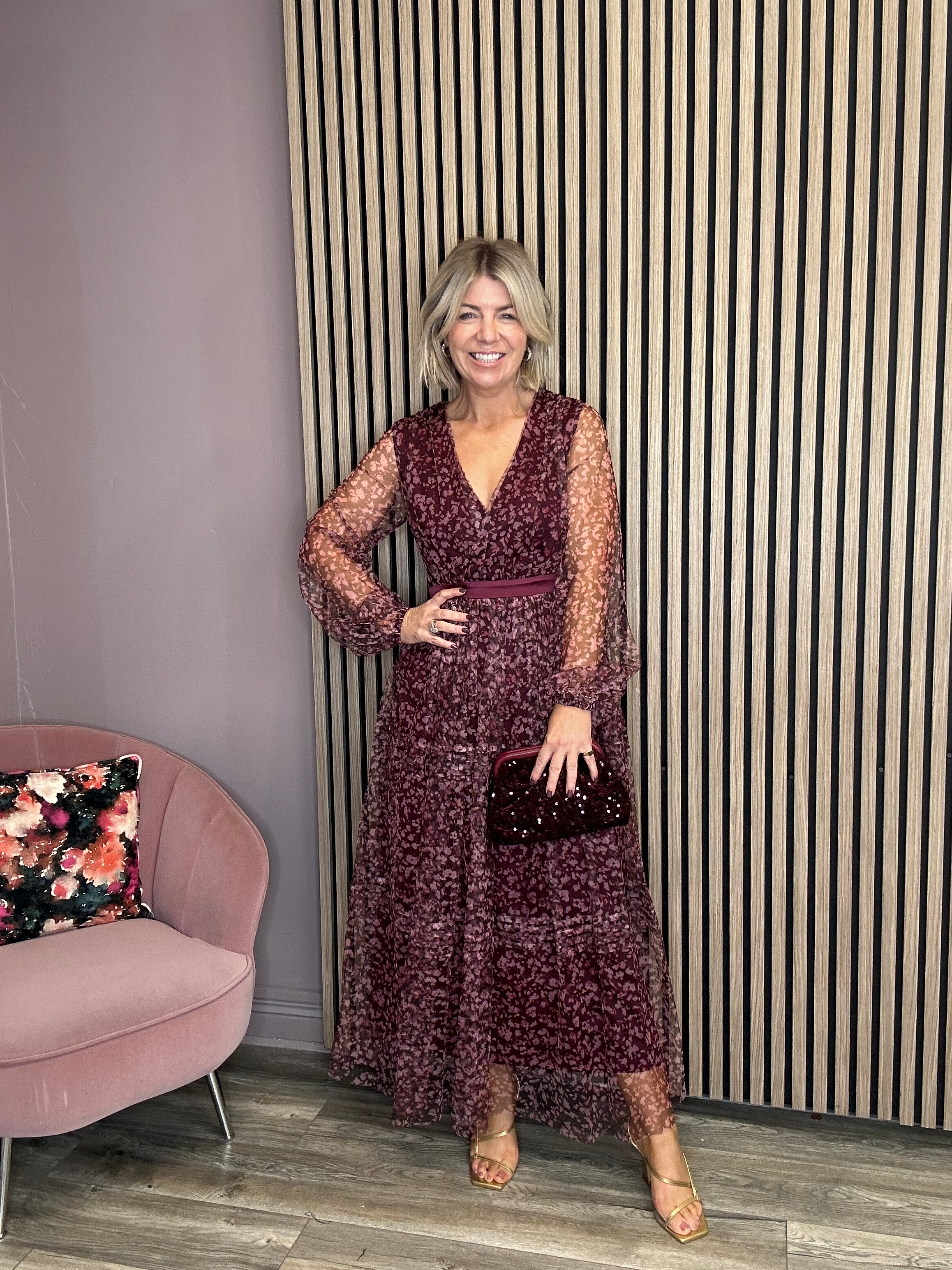 Fortune Maxi Tulle Dress (Burgundy Flowers)