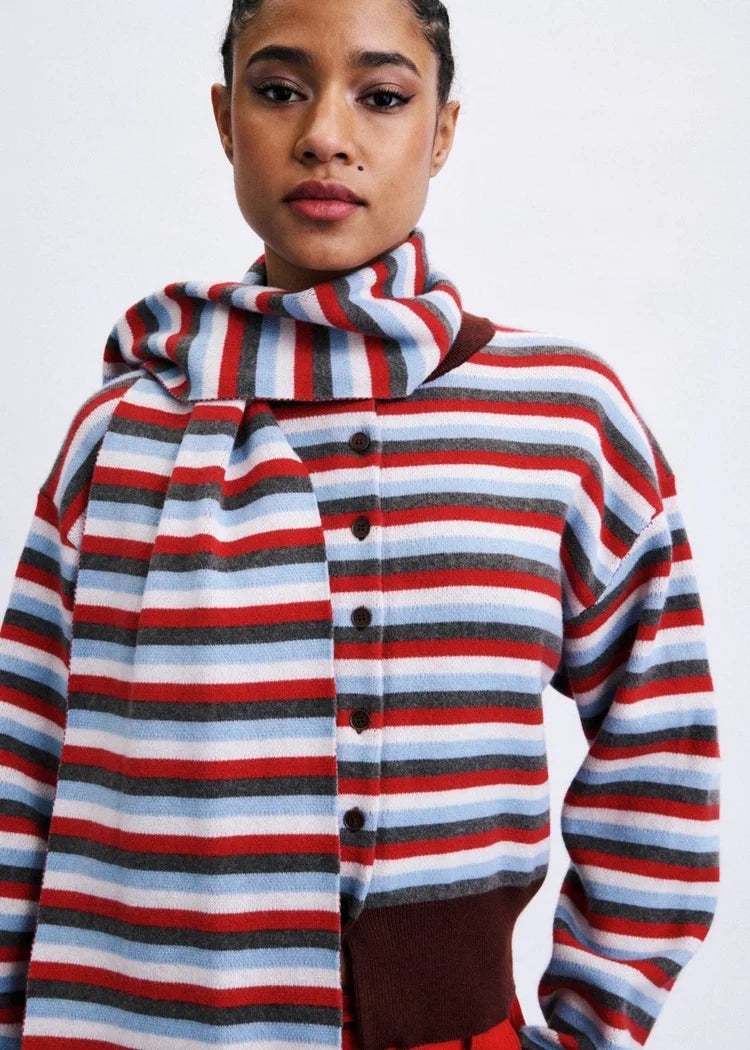 Shibuya Cardigan & Scarf Set (Red/Multi)