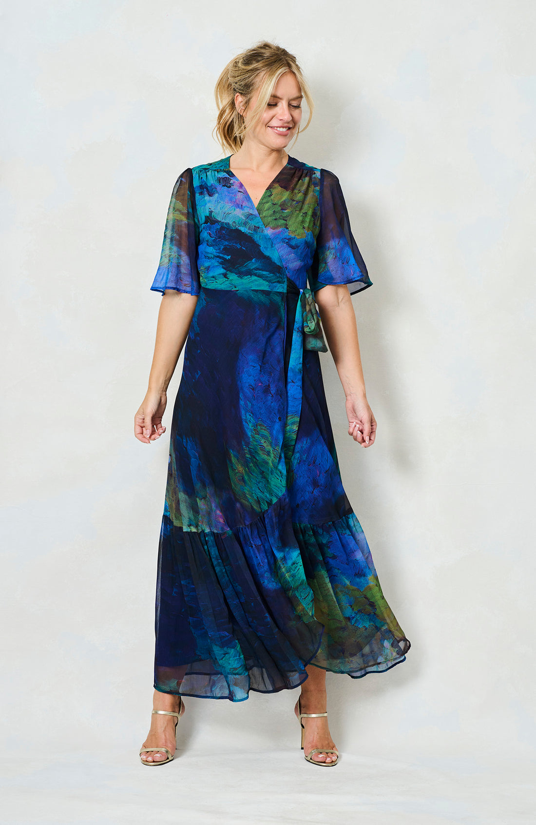Jacqueline Flutter Sleeve Maxi Wrap Dress (Blue Multi)