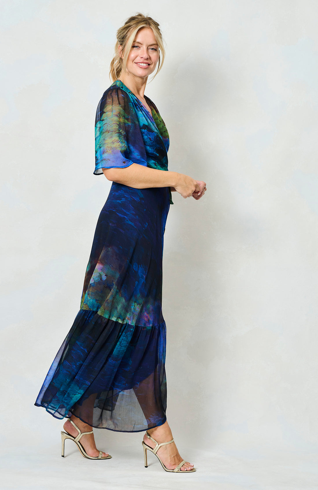 Jacqueline Flutter Sleeve Maxi Wrap Dress (Blue Multi)