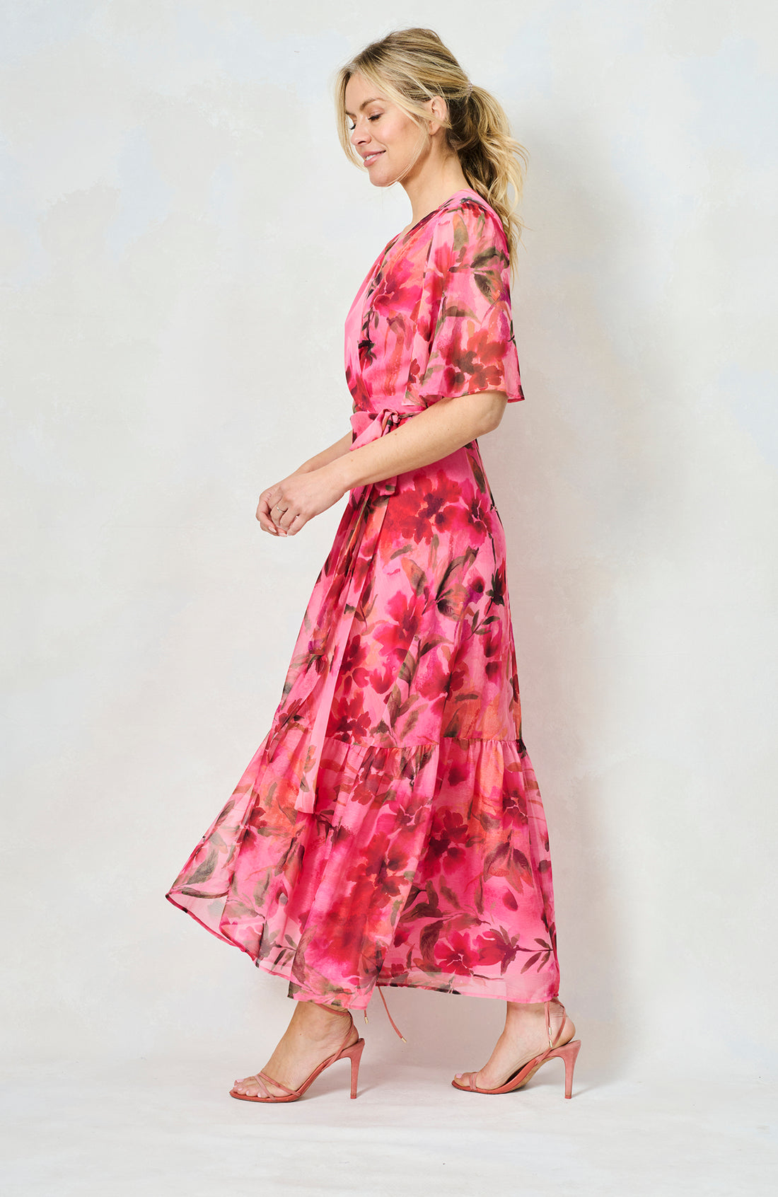 everlasting impression maxi wrap dress The Pleasance Flutter Sleeve Maxi Wrap Dress (Pink Multi) | Love Cherish