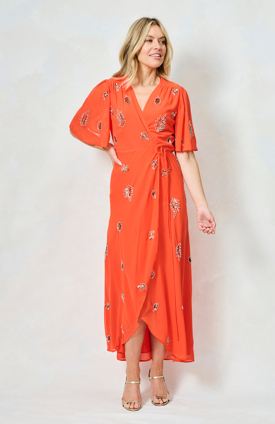 The Alana Embellished Flutter Sleeve Maxi Wrap Dress (Orange)