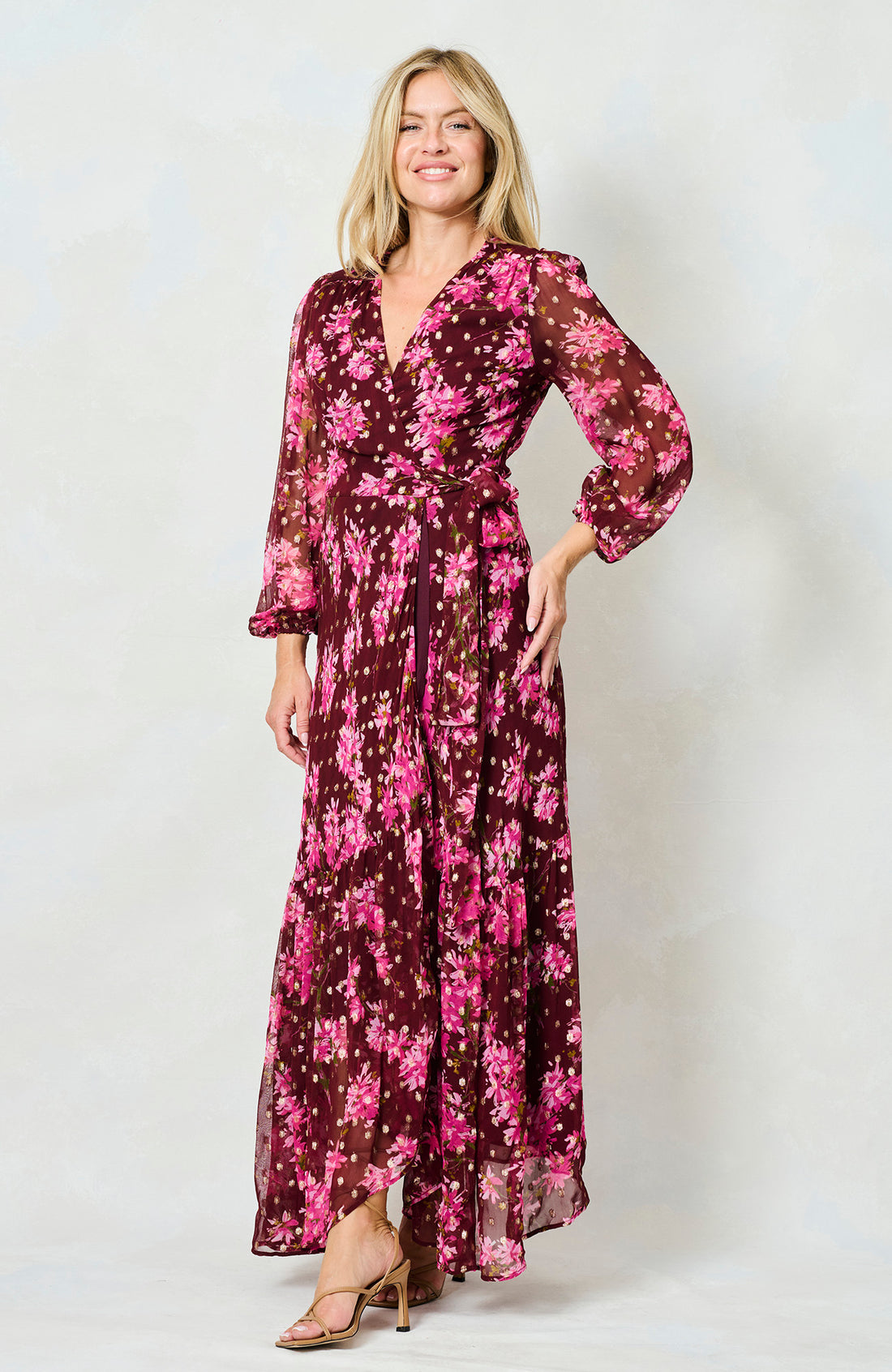 The Blossom Blouson Sleeve Maxi Wrap Dress (Burgundy)