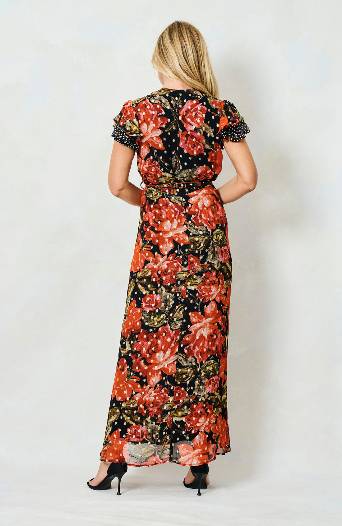 Ffion Frill Sleeve Wrap Dress (Black/Red)