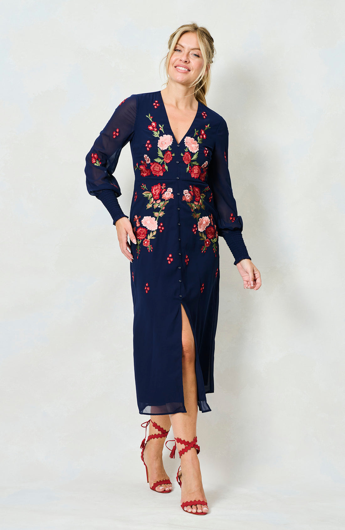 The Jodie Embroidered V-Neck Midi Dress (Navy)