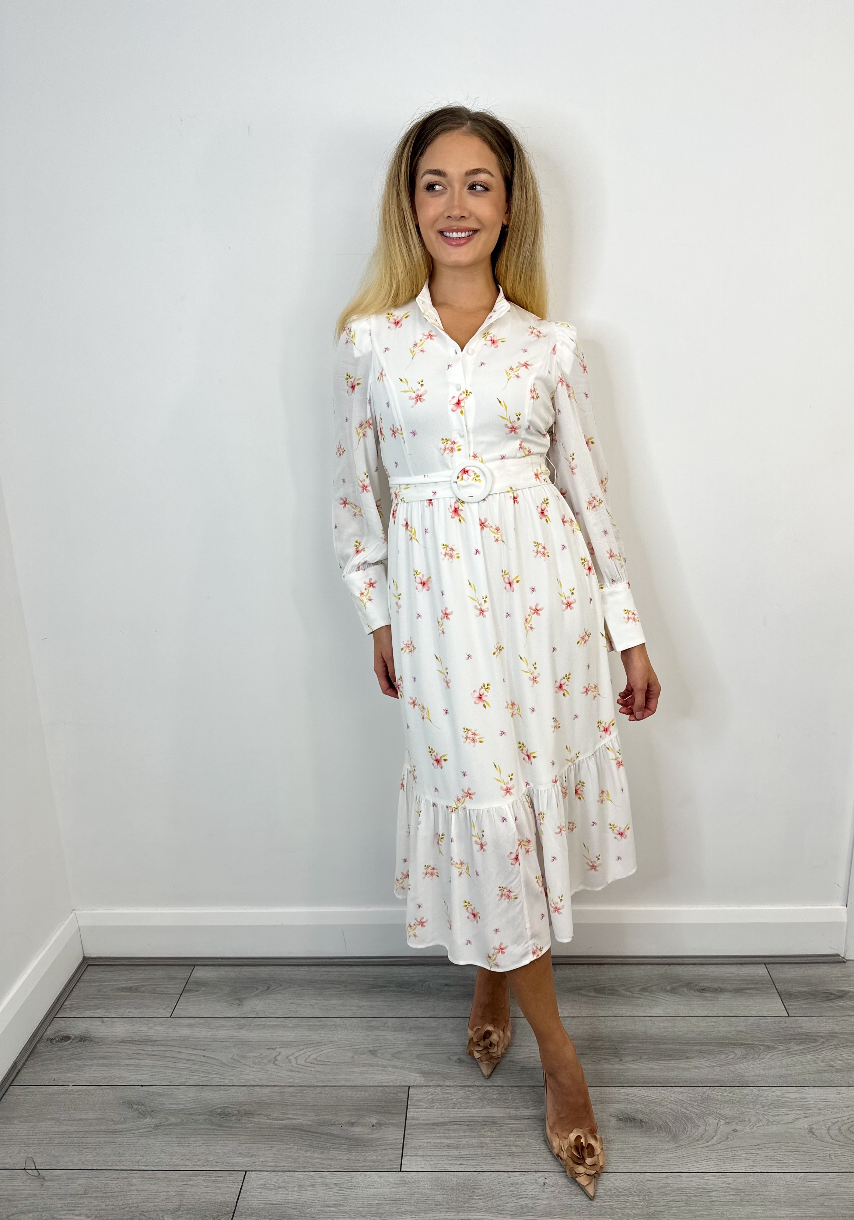 Nella Long Sleeve Midi Dress (Birch/Light Flower)