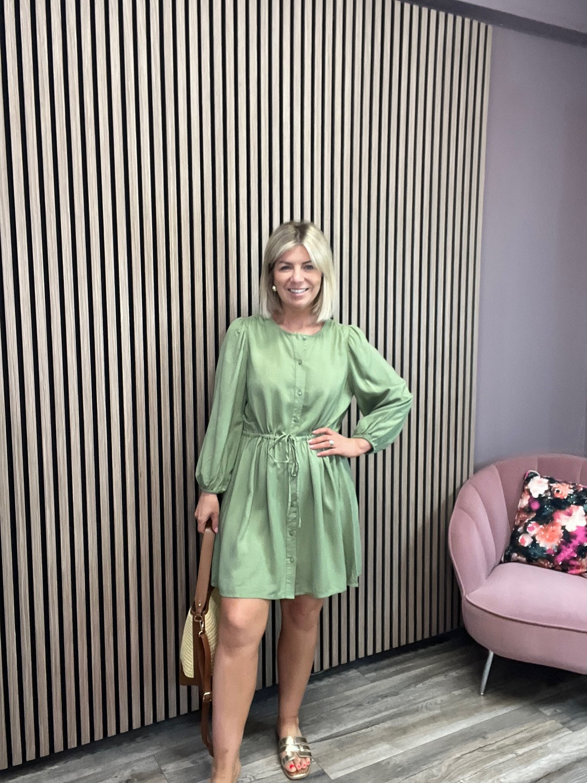 Pricilla O-Neck 7/8 Dress (Oil Green)