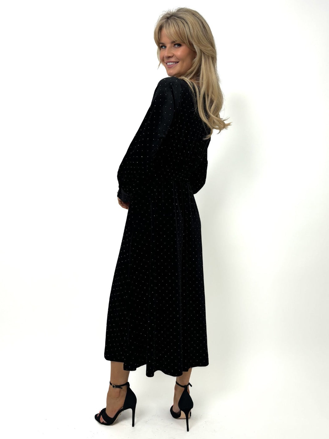 Ellen Velvet Rhinestone Midi Dress (Black)