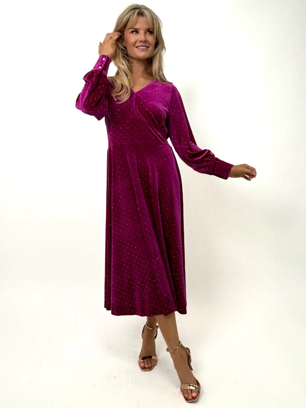 Ellen Velvet Rhinestone Midi Dress (Pink)