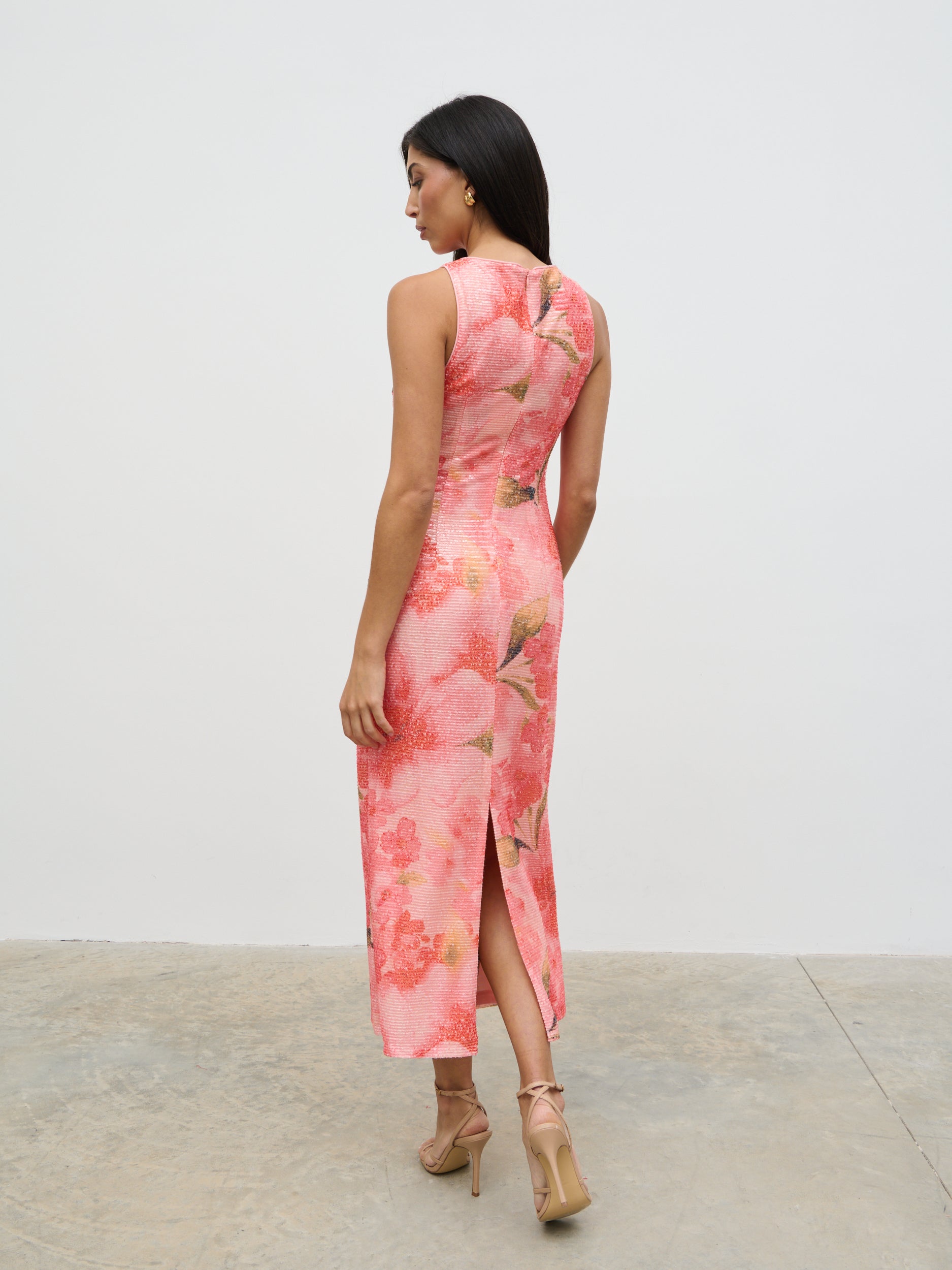 Lilou Printed Sequin Midaxi Dress (Orange Floral)