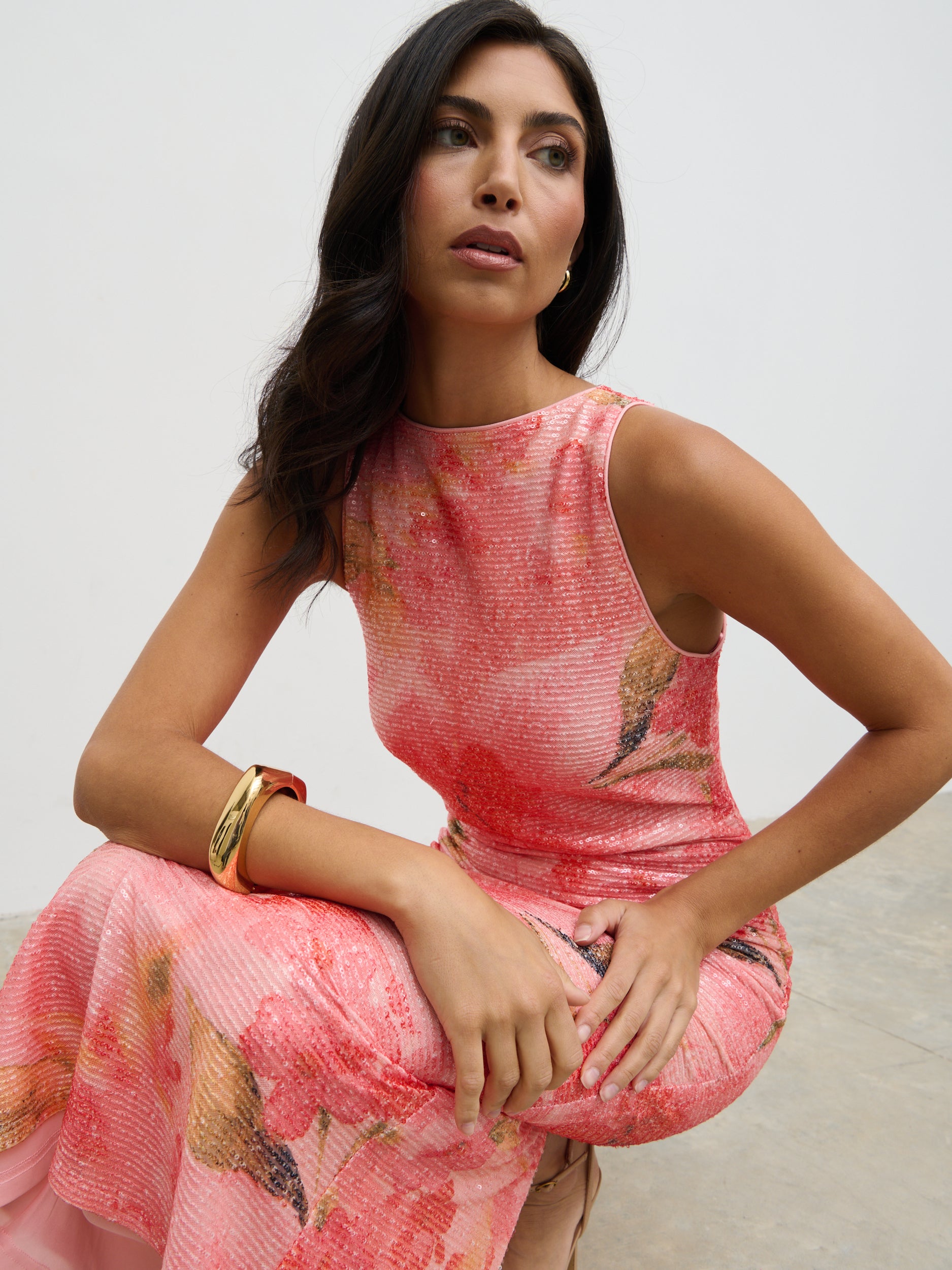 Lilou Printed Sequin Midaxi Dress (Orange Floral)