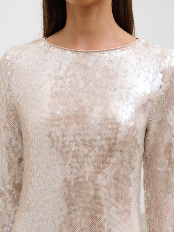 Lyra Long Sleeve Sequin Midaxi Dress (Oyster)