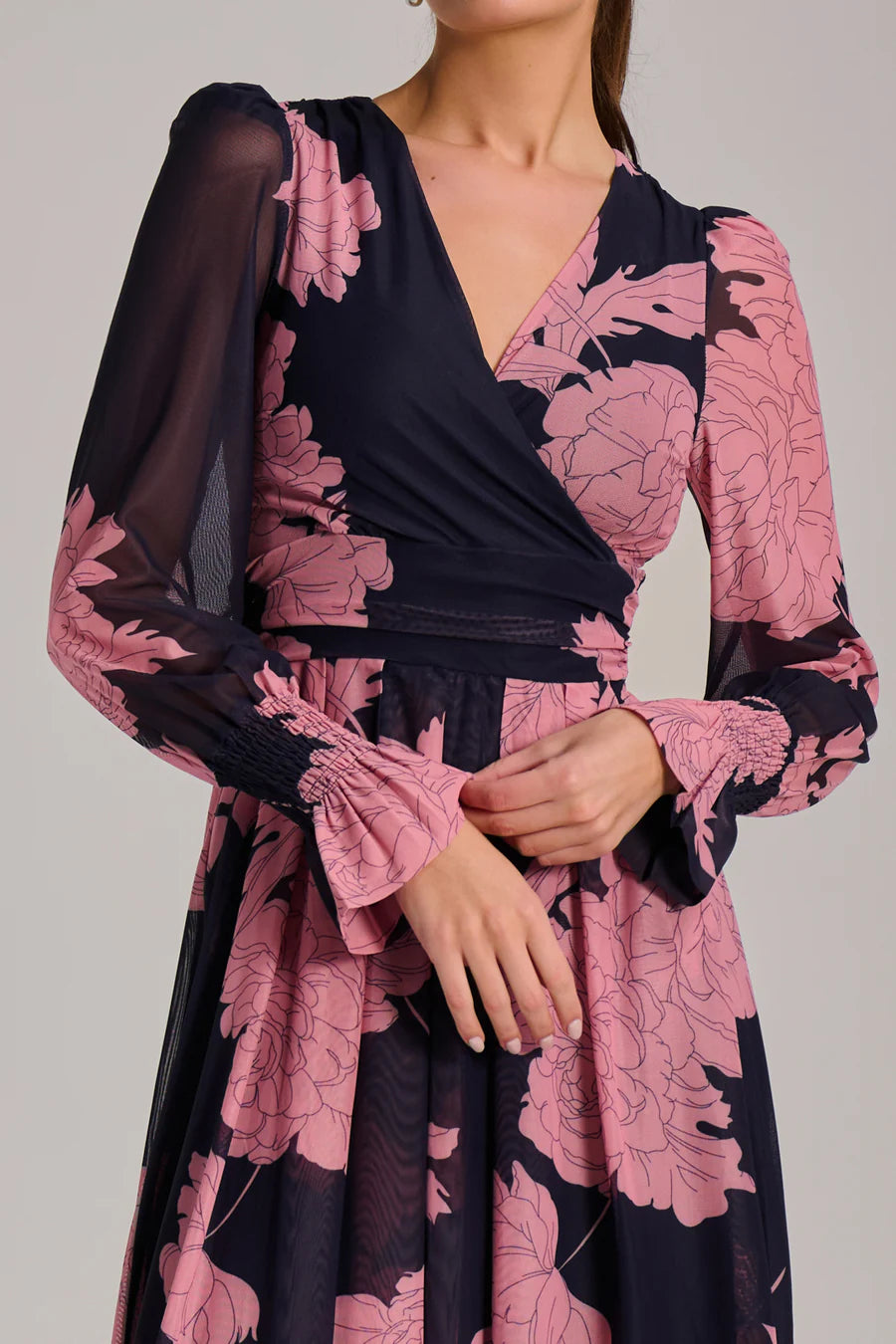 Long Sleeve Printed Mesh Midi Dress (Pink Floral)
