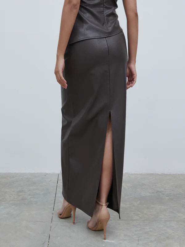 Maeve Faux Leather Maxi Skirt (Dark Chocolate Brown)
