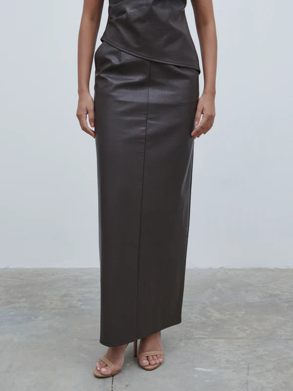 Maeve Faux Leather Maxi Skirt (Dark Chocolate Brown)