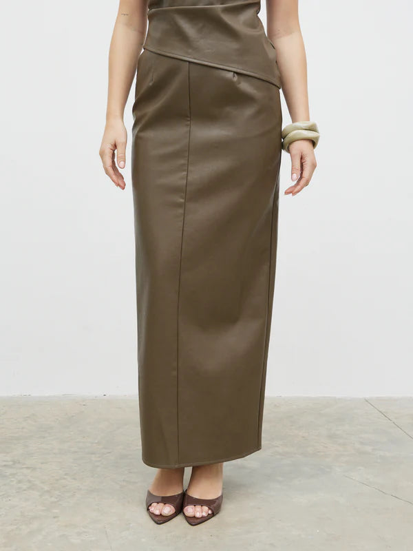 Maeve Faux Leather Maxi Skirt (Khaki)