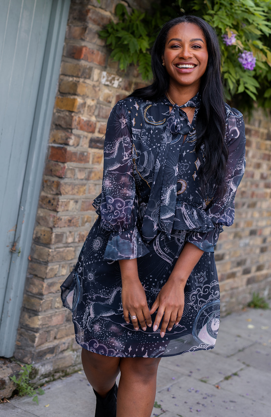 THE ALIDA EMBELLISHED TIE NECK RUFFLE MINI DRESS (NAVY)