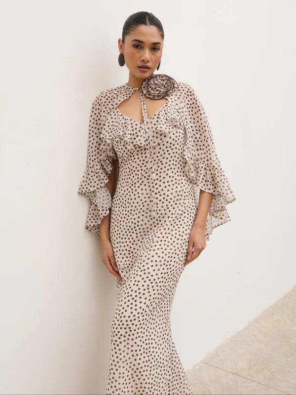 Oriana Cape Maxi Dress (Cream/Brown)