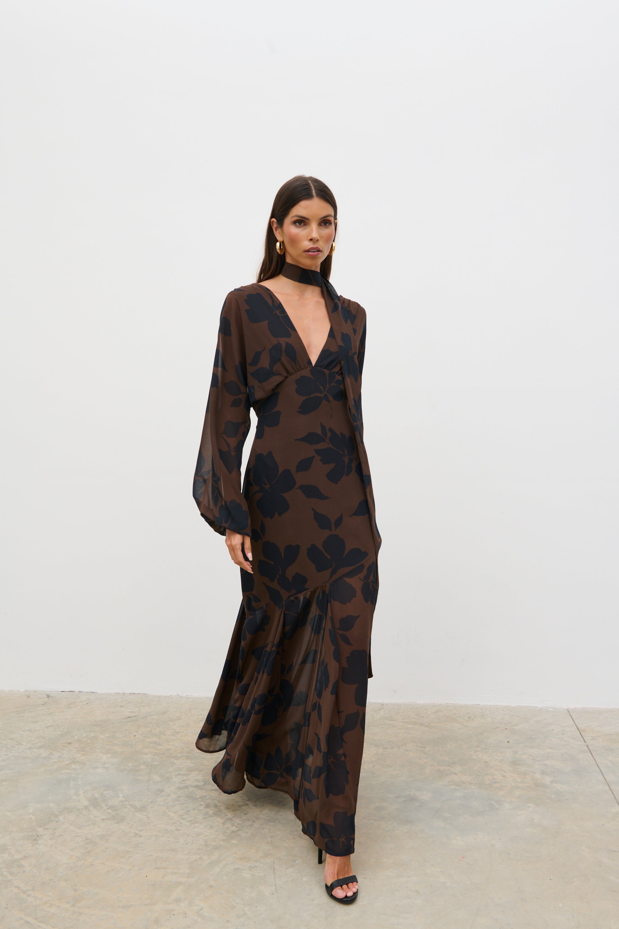 Petula Batwing Scarf Maxi Dress (Brown)