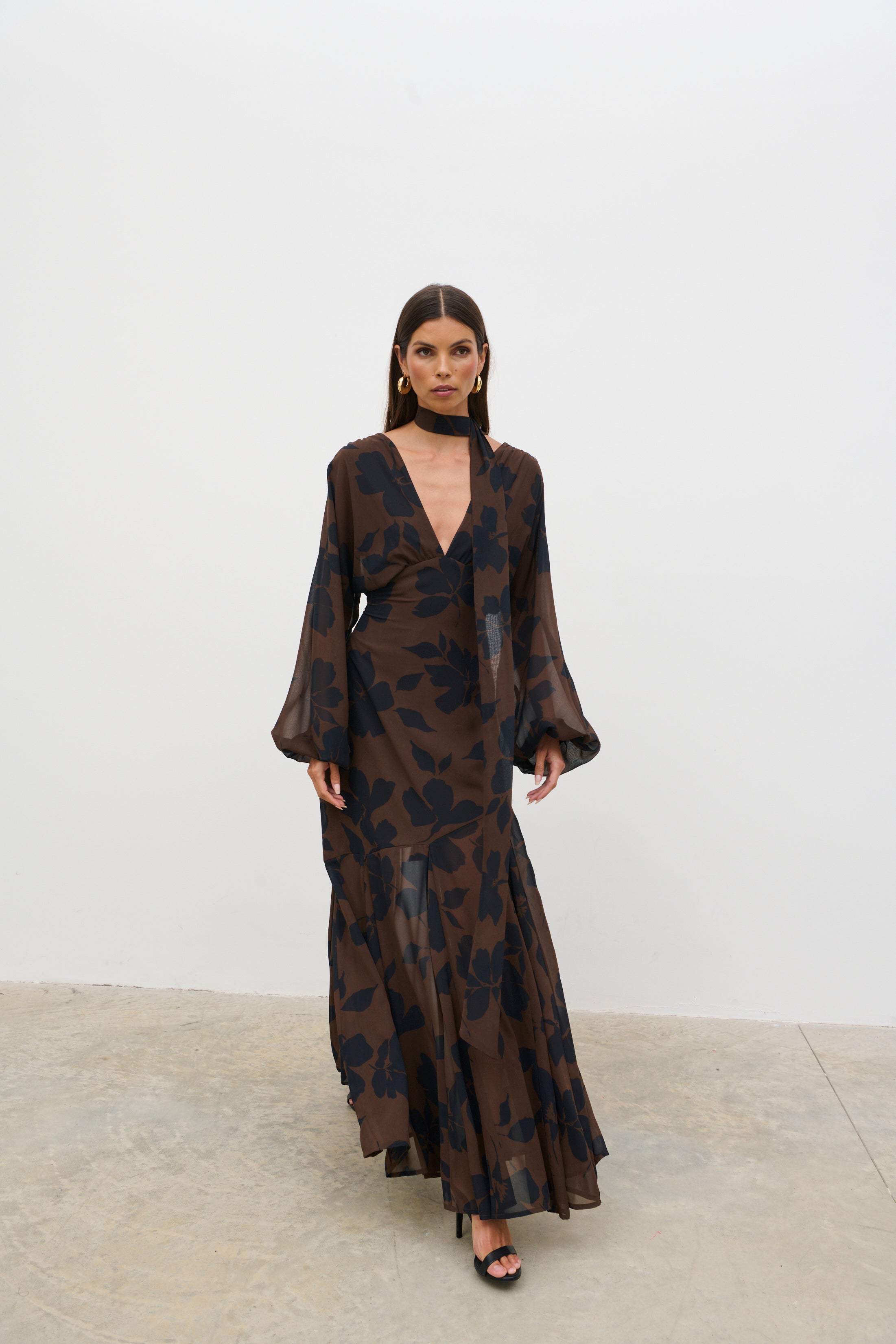 Petula Batwing Scarf Maxi Dress (Brown)