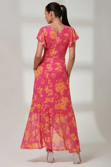 Gisselle Ruffle Hem Maxi Dress (Pink Floral)