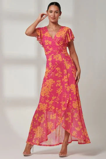 Gisselle Ruffle Hem Maxi Dress (Pink Floral)